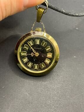 Vintage Lucerne Swiss-made Pendant Watch Necklace Black Dial Gold Tone